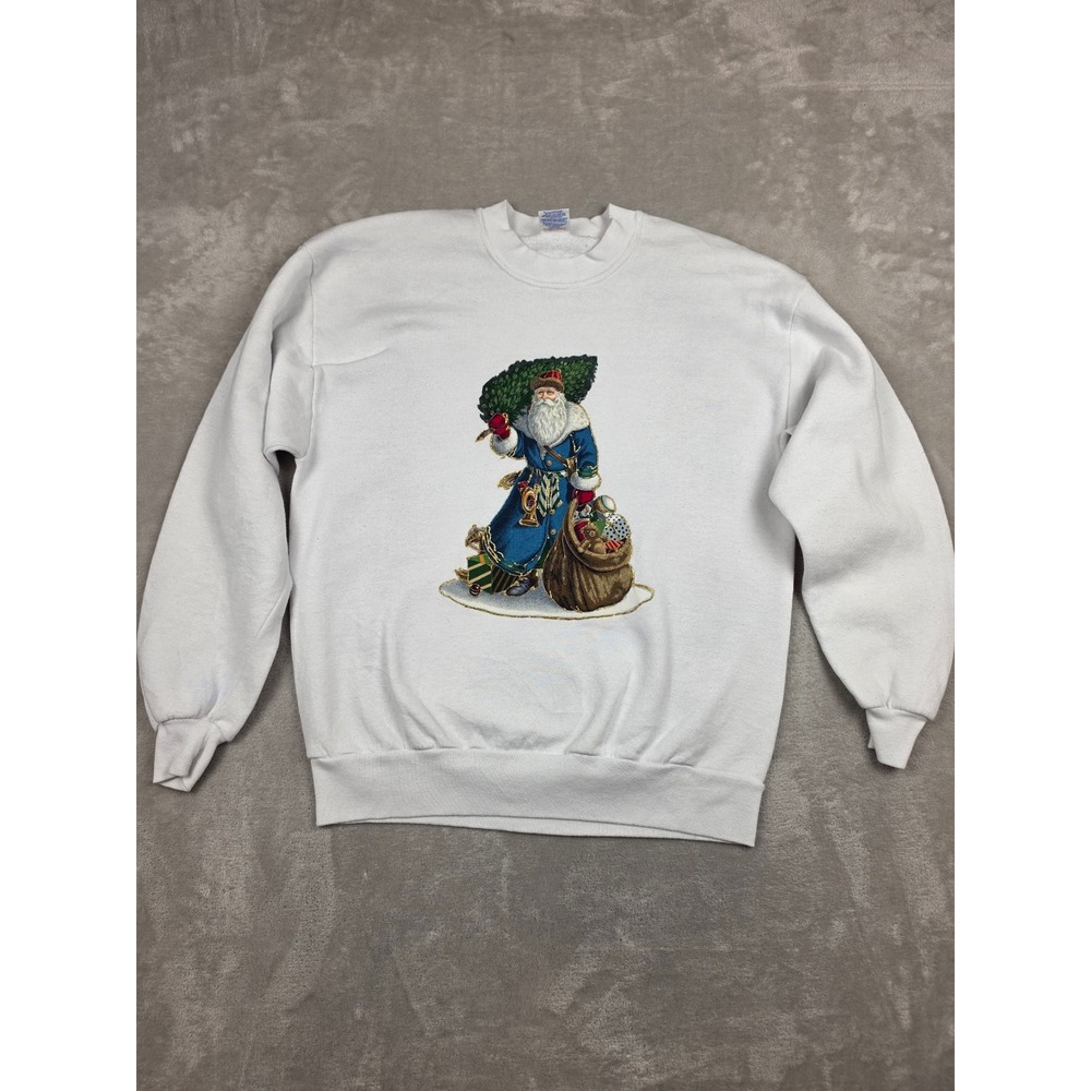 Vintage Jerzees Sweatshirt Adult L White Christmas Santa Claus Crewneck USA Made